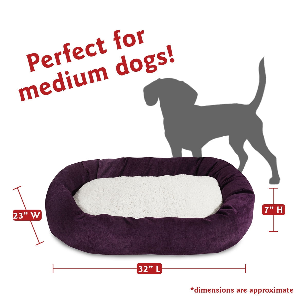 Majestic Pet Sherpa Villa Velvet Bagel Pet Bed for Dogs, Calming Dog Bed Washable, Medium, Aubergine