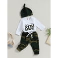 thumbnail image 3 of Bagilaanoe 3pcs Newborn Baby Boy Long Pants Set Letter Print Long Sleeve Romper Tops + Camouflage Leggings + Hat 3M 6M 12M 18M Infant Fall Casual Outfits, 3 of 8
