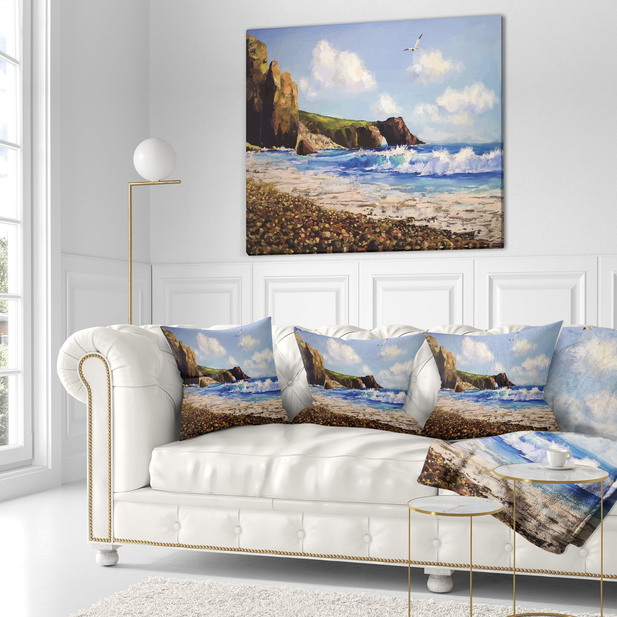 Designart Sea with Seagull - Landscape Printed Throw Pillow - 16x16
