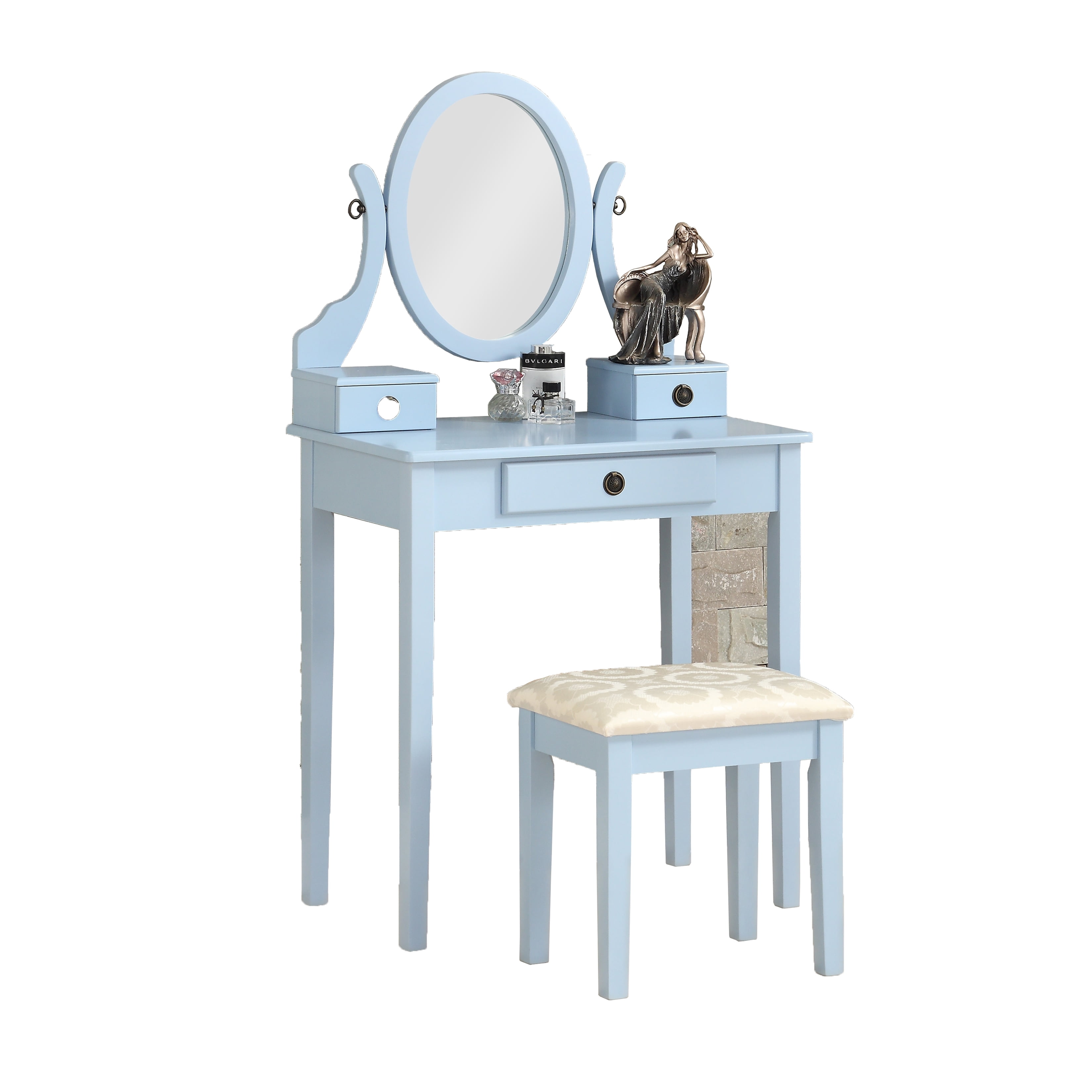 Mintazer Vanity Table Set with Adjustable Oval Mirror & Cushioned Stool, Makeup Dressing Table with 3 Drawer for Bedroom, Blue