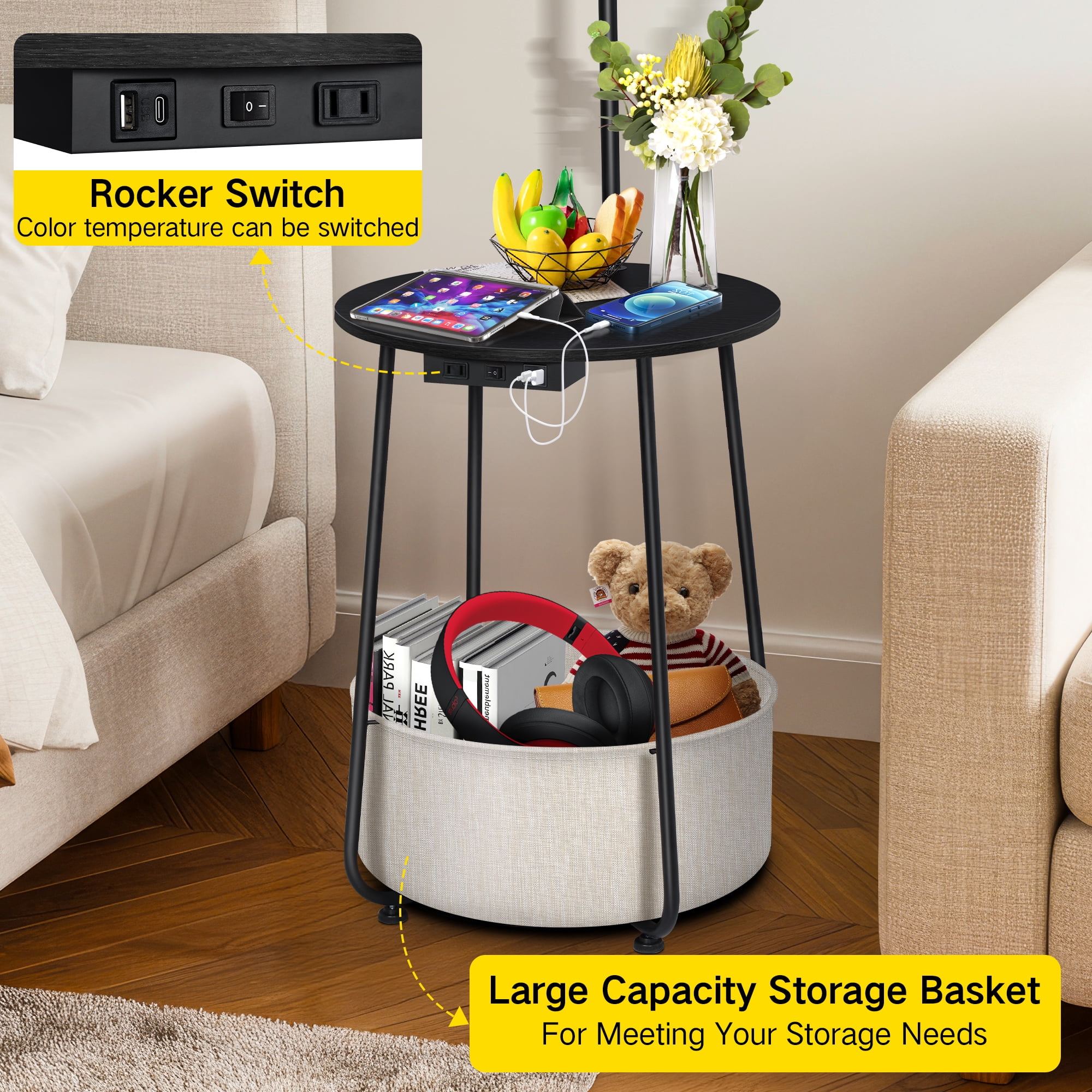 OUTON Floor Lamp with Table, End Table with Lamp for Living Room with USB & Type C Charging Port, Dimmable Lamps for Nightstand Attached for Bedroom, Black
