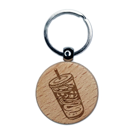 Iced Coffee To Go Round Keychain Charm Tag - Engraved Wood