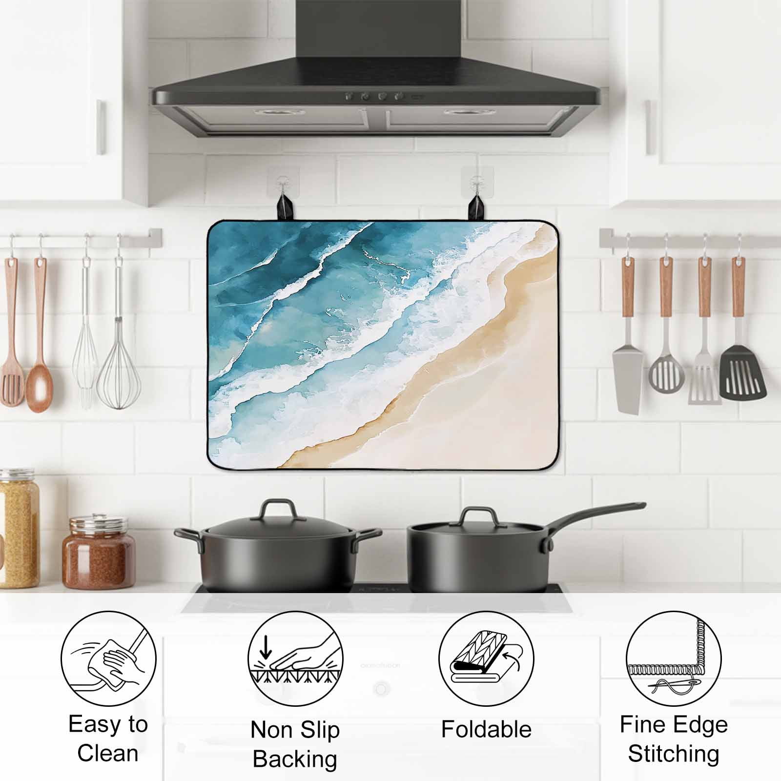 Blue Teal Beach Coastal Stove Top Cover for Electric Stove, Heat-proof & Non Slip Glass Top Stove Cover Protector, Summer Nautical Seaside Ocean Kitchen Flat Cooktop Rubber Mat 24x21 Inches