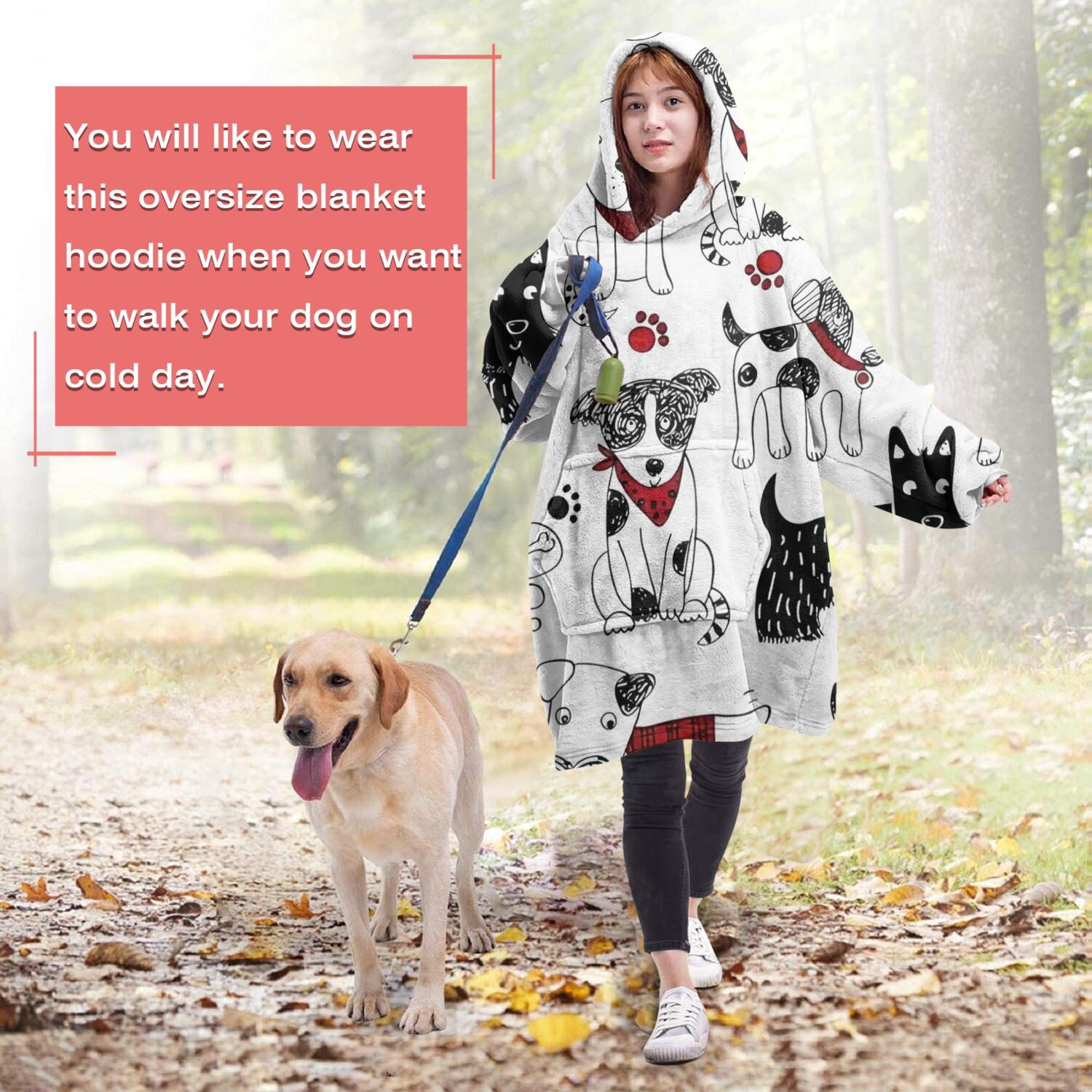 Scribble Dogs Wearable Oversized Blanket,Wearable Blanket Hoodie for Adults,Cozy Hooded Blankets with Super Pockets,Super Warm Fuzzy Pullover for Women & Men