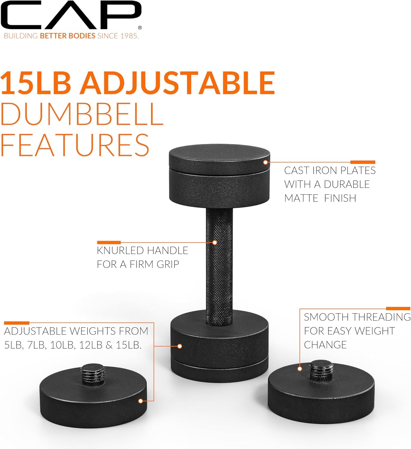 Barbell 15 lb Adjustable  – Compact Cast Iron Weight |   Multiple Options
