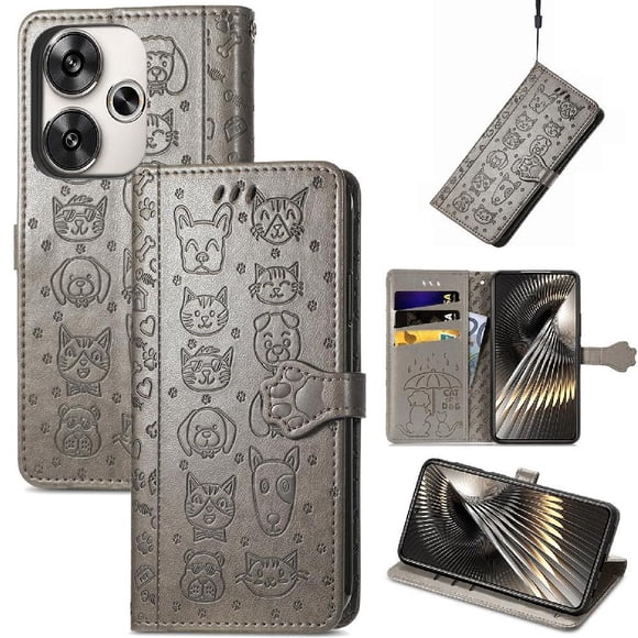 Funda Cartera FOXDOCK para Xiaomi POCO F6 , Flip PU con Relieve de Gatos y Perros, Tarjetero y Soporte