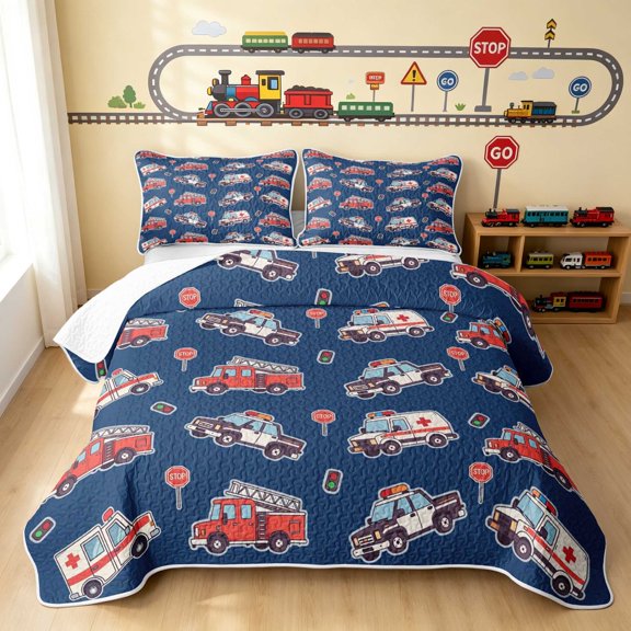 Erosebridal Fire Truck Twin Quilt Set, Ambulance Twin Coverlet Set, Navy Blue 2-Piece 1 Bedspread and 1 Pillowcase