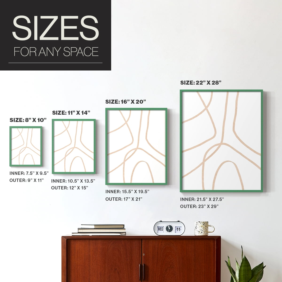 Clean Contour IV Framed Print in Green Solid Wood Framed Print No Nail Hanging