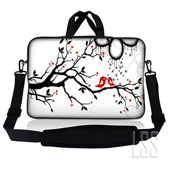 LSS Sac Pochette pour Ordinateur Portable 15,6 Pouces Compatible avec Acer, Asus, Dell, HP, Sony, MacBook et Plus / Étui de Transport avec Poignée et Bandoulière Ajustable, Rouge Accrocheur Lovebirds sur Noir et