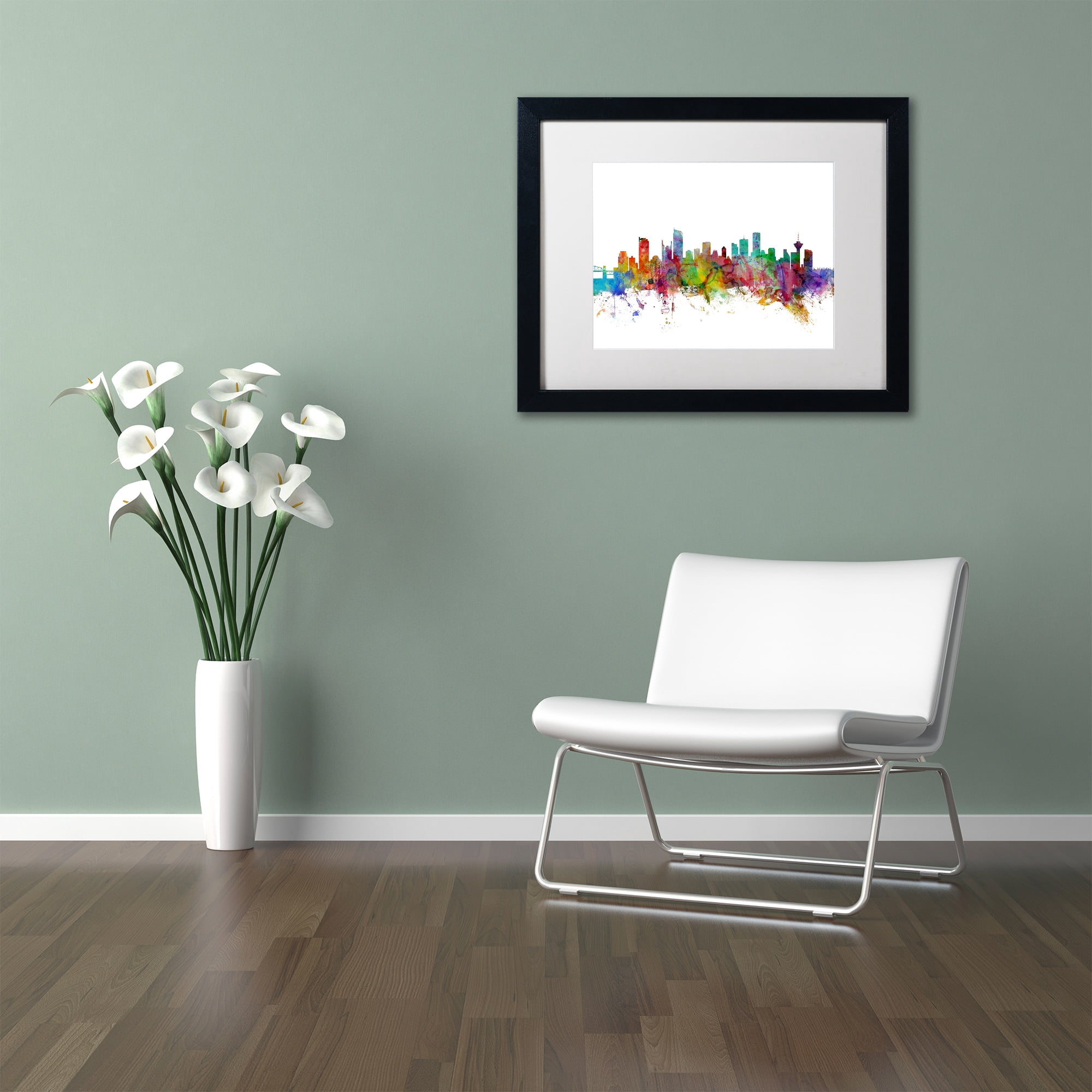 Trademark Fine Art "Vancouver Canada Skyline" Canvas Art by Michael Tompsett White Matte, Black Frame
