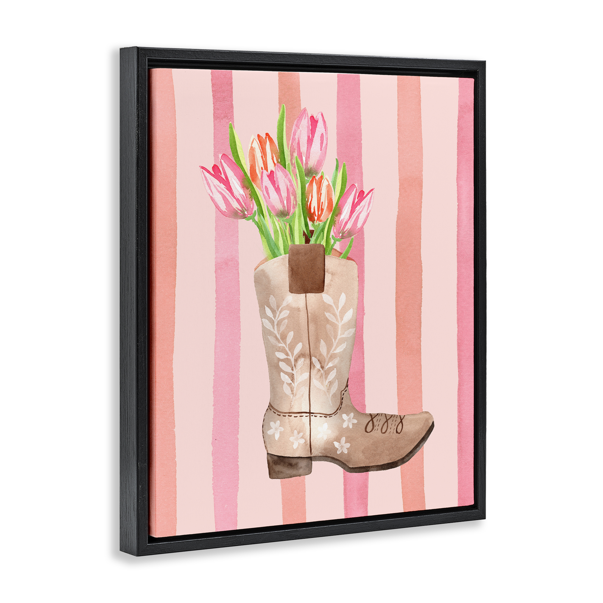 Tulip Cowgirl on Stripes Black Framed Floater Canvas Wall Art, design by Nina Jacobs