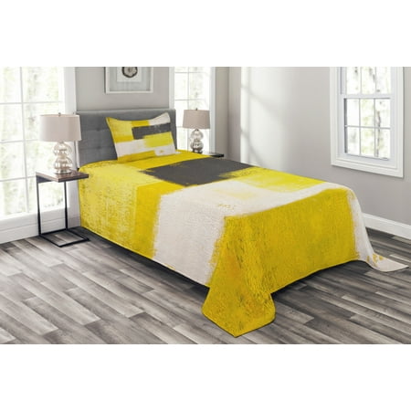 Grey And Yellow Bedspread Set Abstract Grunge Style Brushstrokes