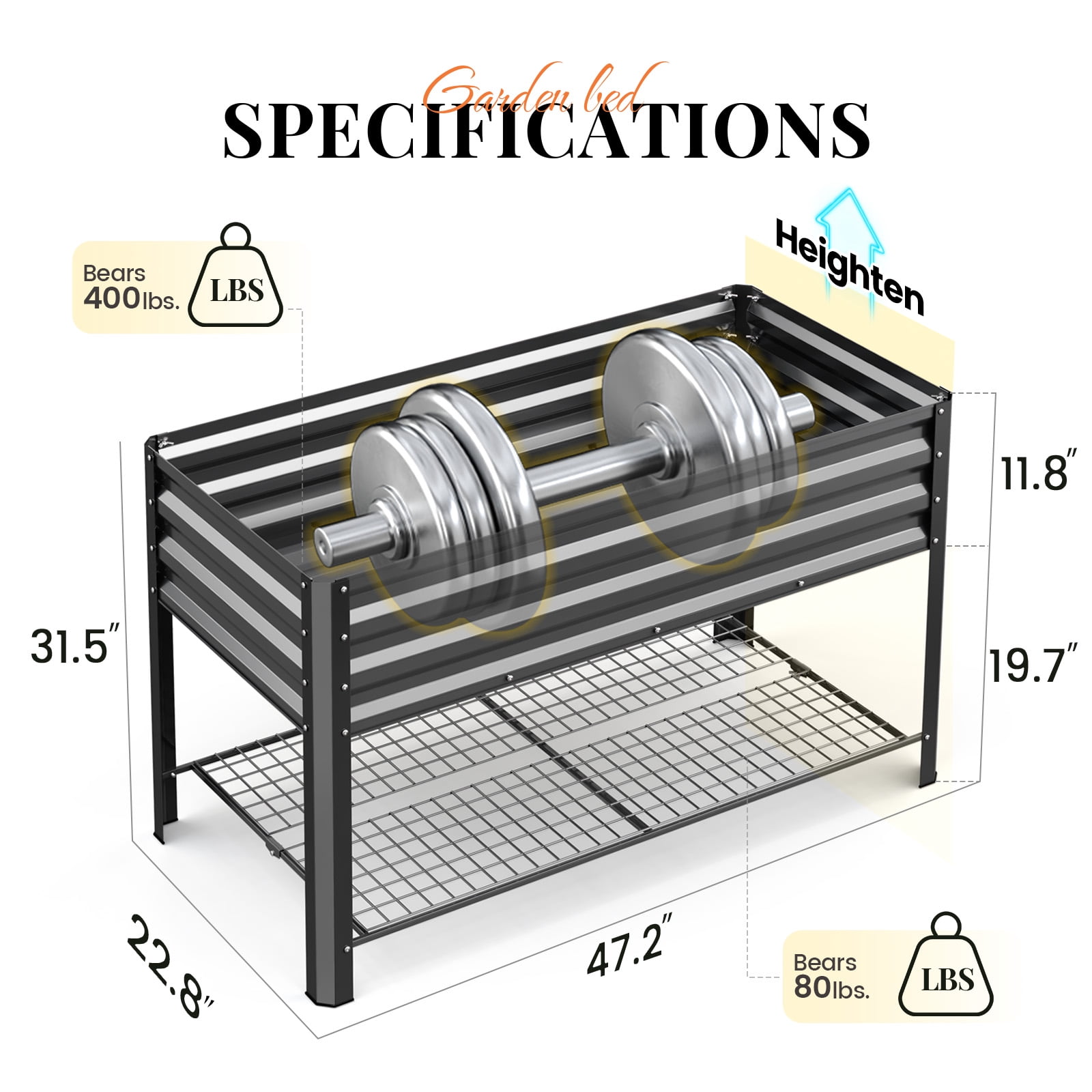 King Bird Galvanized Steel Raised Garden Bed Kit with Storage Shelf 47.2"x22.8"x31.5" Metal Planter Box, Elevated Garden Bed with Drainage Holes Outdoor for Vegetables Flowers Dark Gray