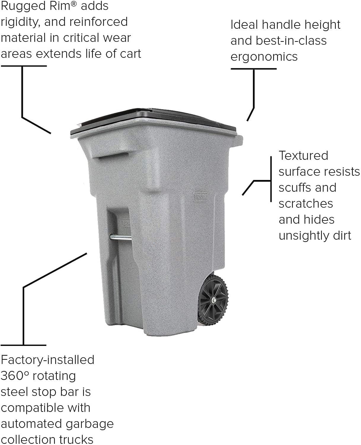 64 Gallon Heavy Duty Two Wheeled Trash Can – Residential, Blackstone, 10-Year Warranty