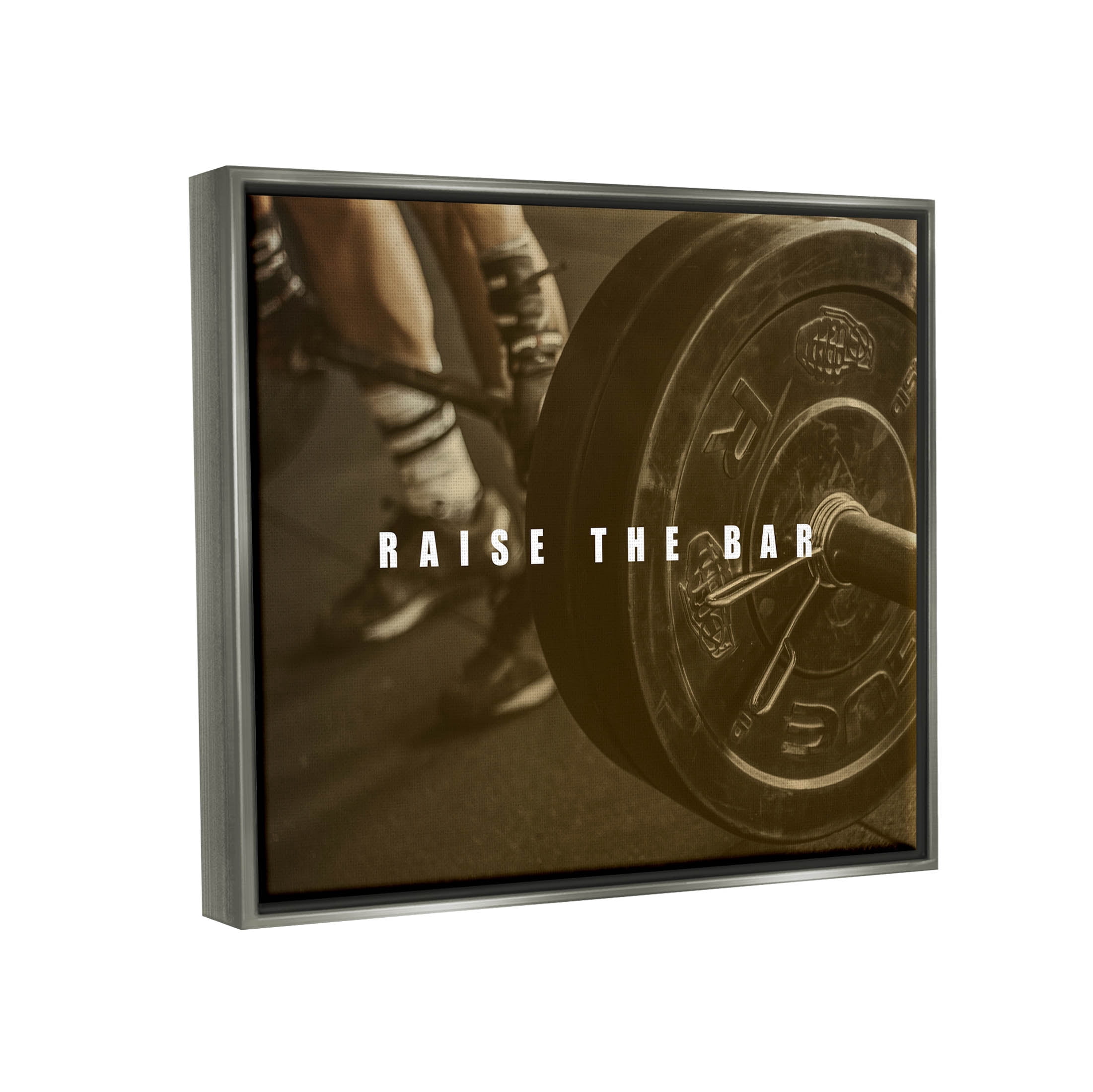 Stupell Industries Raise The Bar Motivational Bodybuilder Graphic Art Luster Gray Floating Framed Canvas Print Wall Art, Design by Jacob Green