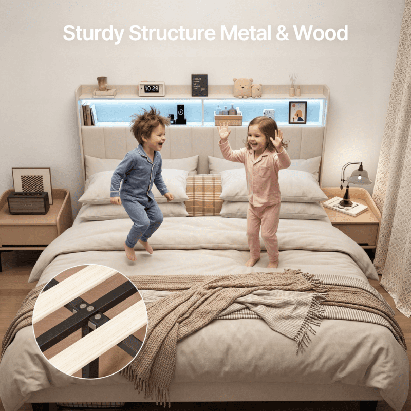 Queen Size Upholstered Bed Frame with LED Storage Headboard, Lofka Beige Linen Platform Bed with USB/Type-C Charging, Smart RGB Lights, No Box Spring Needed