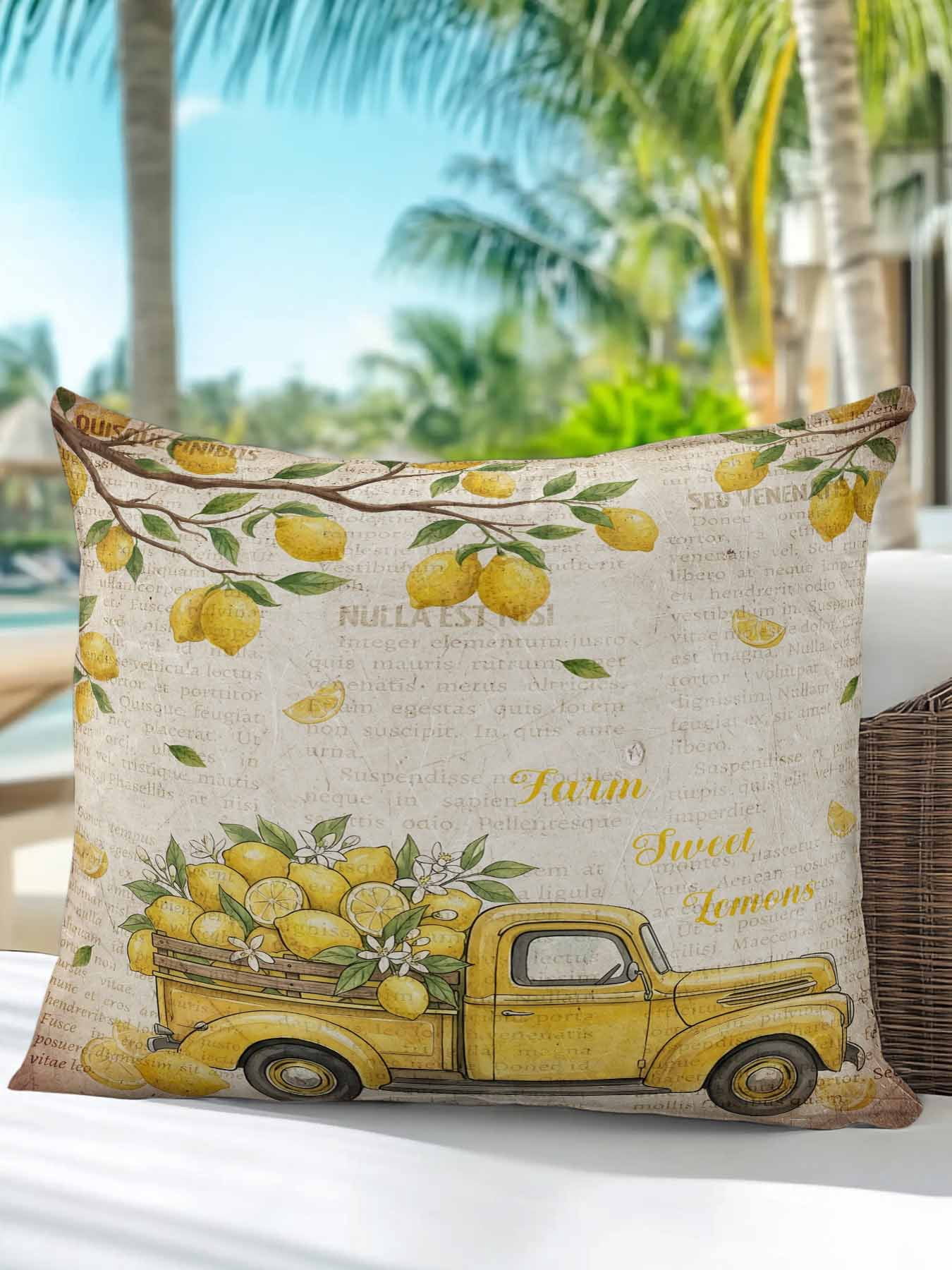 1 Pack Outdoor Pillows Waterproof, Lemon Truck Indoor/Outdoor Throw Pillows with Inserts, Summer Vintage Tropical Lemon Fruits Decorative Pillow for Patio Furniture Chairs Couch