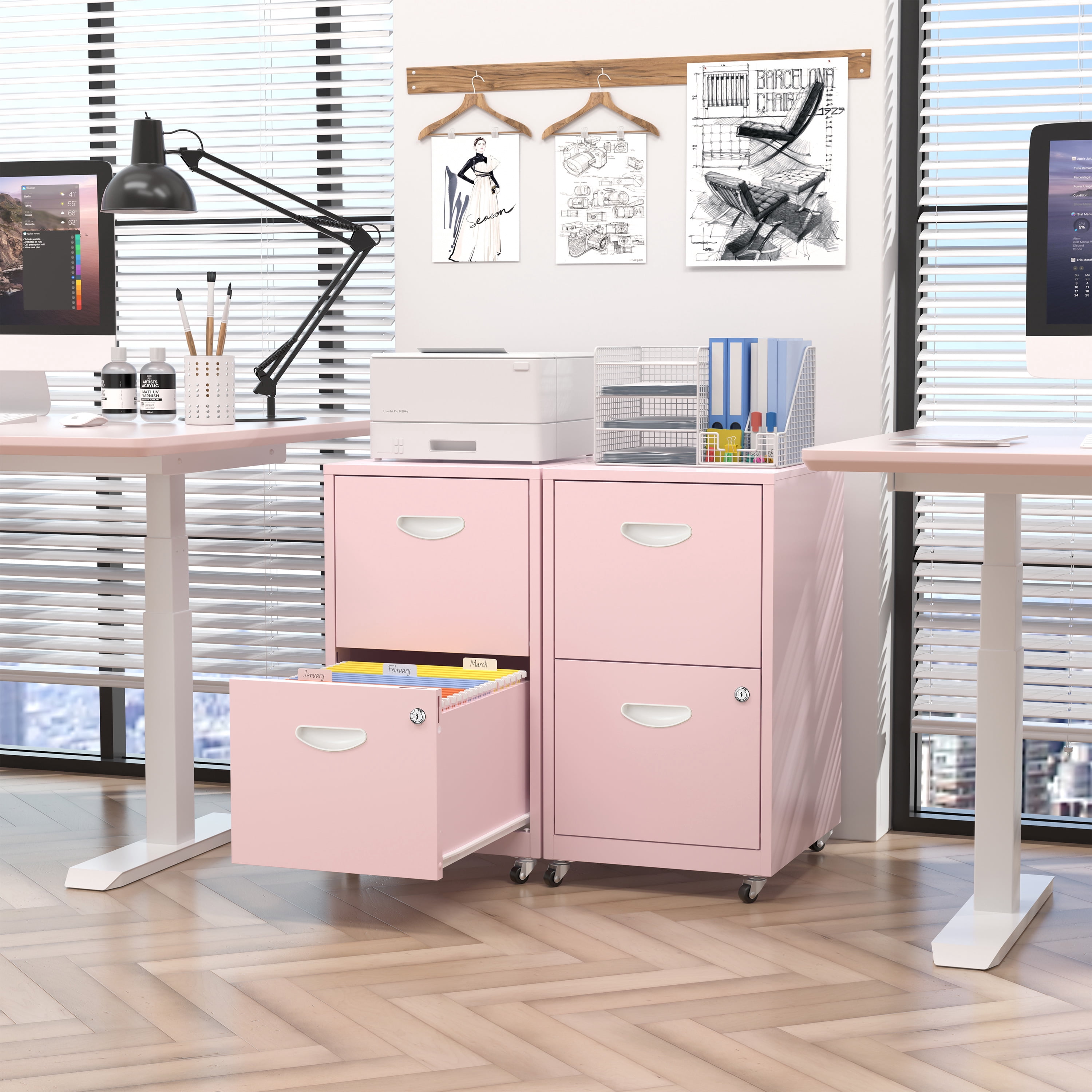 Polup Pink Office Mobile Vertical File Cabinet with Lock and Rolling Wheels 18"D Metal