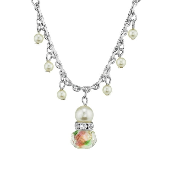 1928 Jewelry Women's Silver Tone Faux Pearl Pink Flower Beaded Drop Pendant Necklace 16"   3" Extender