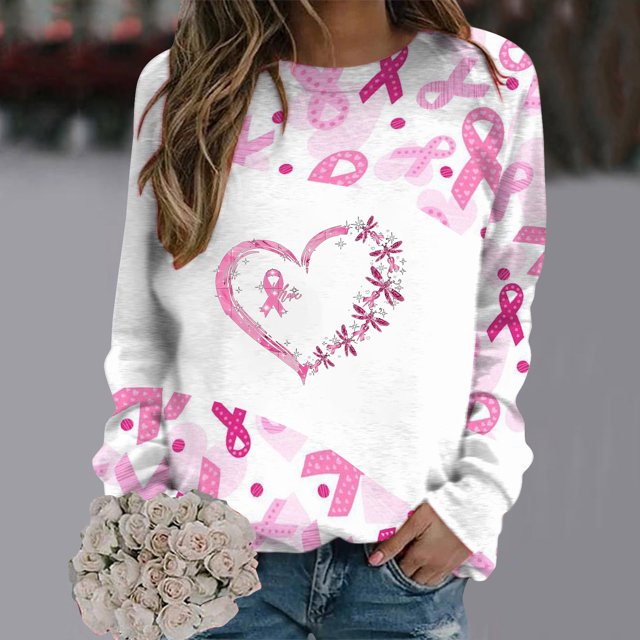 EQWLJWE Liquidation d'Été! Tunique Sensibilisation au Cancer du Sein Chandails en Molleton Ruban Rose Chemise de Vacances Manches Courtes Col Rond Hauts Femmes Chandails en Molleton Sans Capuche Coupe Ample Manches Longues pour Femmes