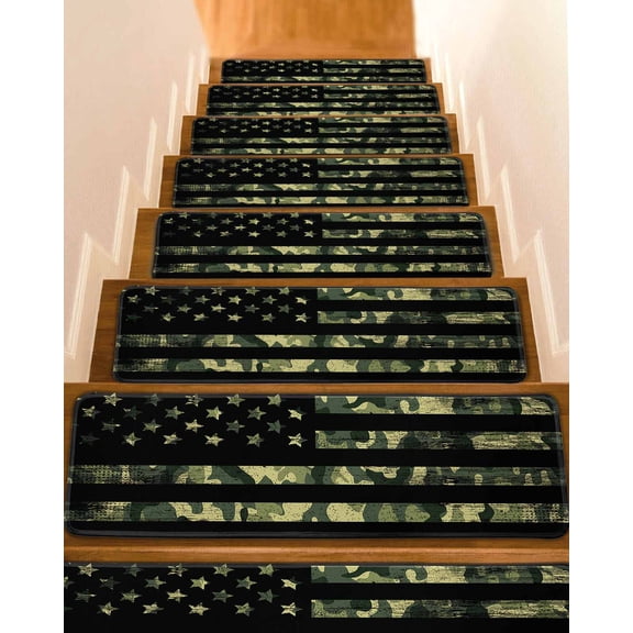 Stair Treads for Wooden Steps, Green Camouflage American Flag Peel and Stick Stair Treads with Reusable Adhesive, Wooden Grain Non Slip Indoor Stairs Runner Rugs Mats for Elders Dogs 8"x30" 10PCS