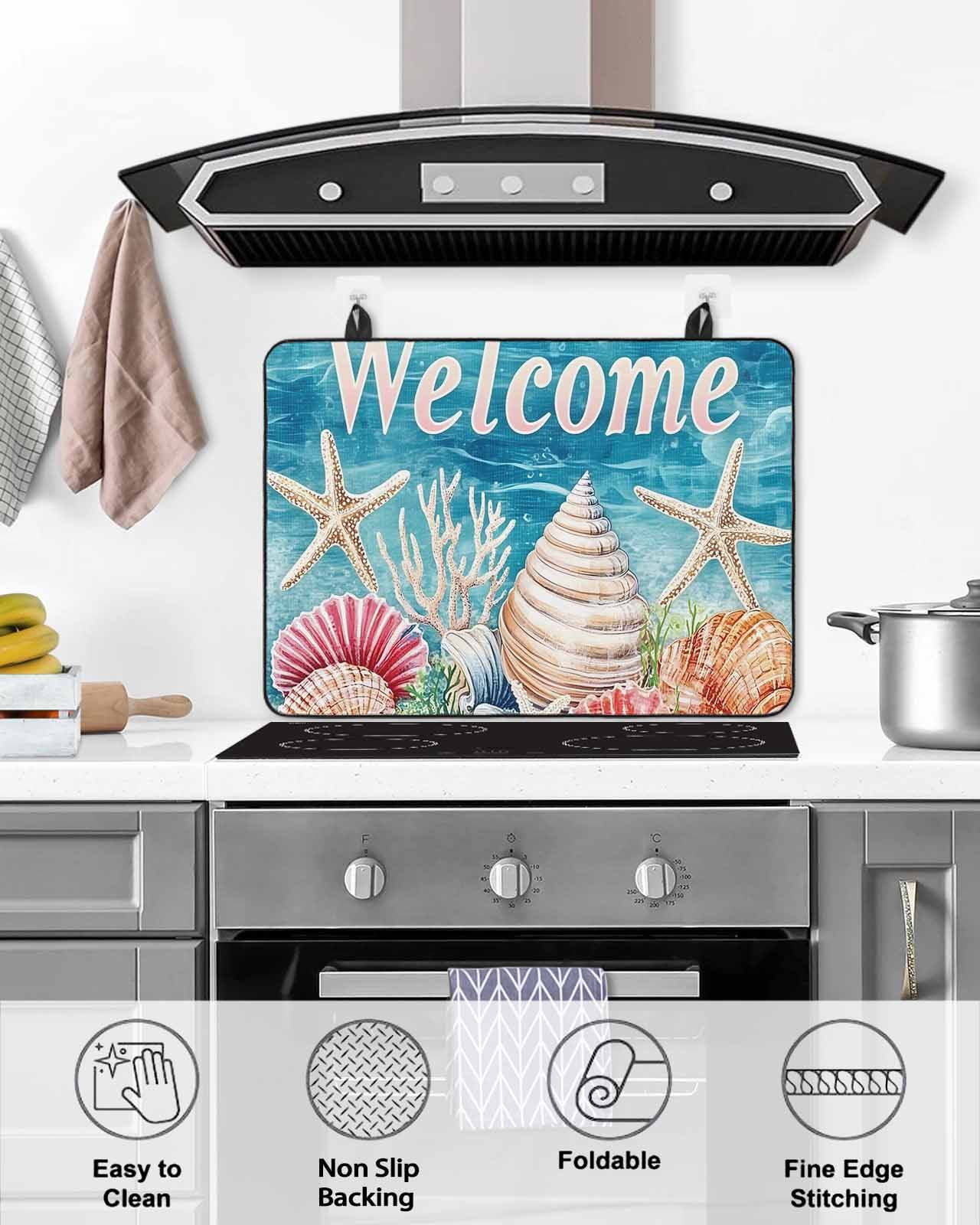 nqOlkjepod Large Induction Cooktop Protector Mat 24"x21", Coastal Ocean Stove Top Covers for Electric Stove, Summer Wave Starfish Coral Shell Stove Burner Cover Mats, Glass Top Stove Cover