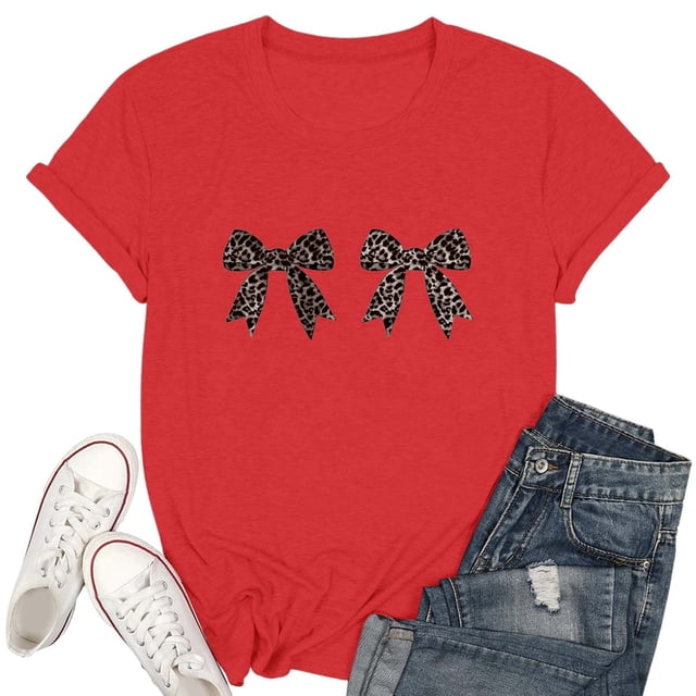 Camiseta informal de mujer con estampado de lazos: cuello redondo, manga corta, mezcla de poliéster y spandex, tallas S-XXL, para todas las estaciones