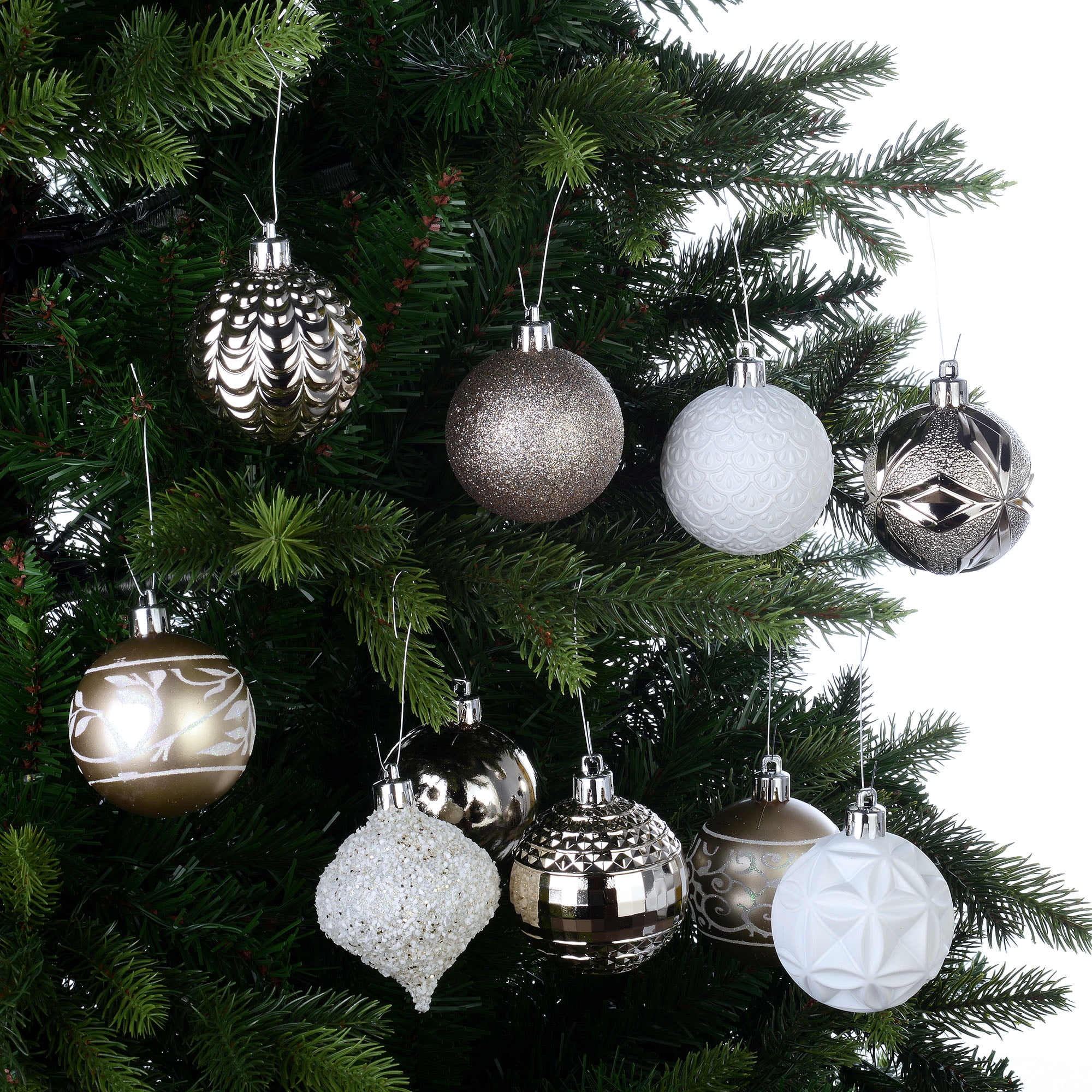 Holiday Time 60 mm Christmas Shatterproof Ornaments, Champagne Gold and White, 40-Count