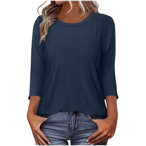 FAHXNVB Crewneck T-Shirts for Womens 3/4 Sleeve Solid Color Soft Cotton Tees Tops Spring Summer Fashion Casual Comfortable Loose Shirts