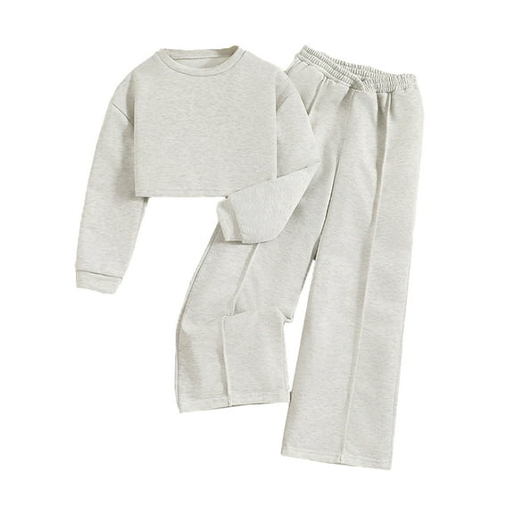 Chenyin Kids Girls Sweatshirt Wide Legged Pants Outfit Girls Long Sleeved Short Pullover Sweatsuit Tops   Wide Leg Palazzo Spring Autumn Winter 2 Piece Set 8-12T