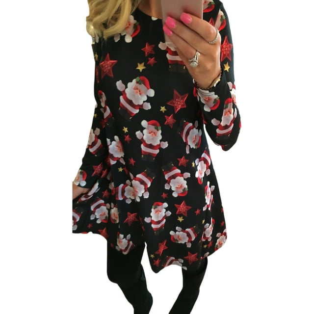 Fashnice Robe de Noël pour Dames Col Rond Mini Manches Longues Arbre de Noël Vacances Balançoire Père Noël Noir m