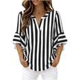 thumbnail image 2 of Women's Casual Loose Linen Striped V-Neck Three-Quarter Sleeve Ruffled Top, 2 of 8