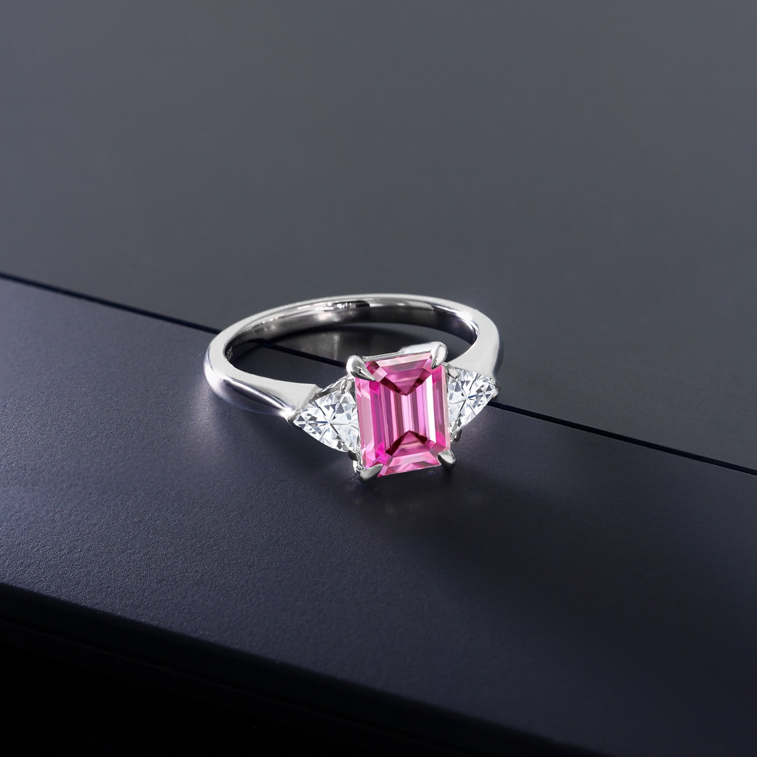 Gem Stone King 2.07 Cttw Pink and White Moissanite 3-Stone Ring for Women | 925 Sterling Silver | Wedding Engagement Anniversary Promise Ring for Women | Available in Size 5, 6, 7, 8, 9 | Size 8
