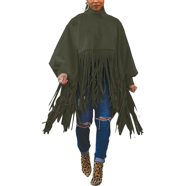 Poncho tipo jersey con borlas y cuello alto y manga larga para mujer, talla grande