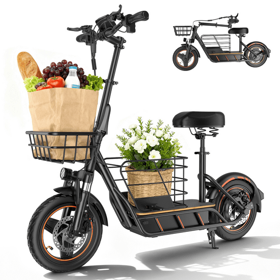 10" Electric Scooter for Adults with Seat *2 Baskets,900W Peak Motor, Max 25MPH Speed & Up to 40-60Miles Range,48/15Ah Removable Battery,Foldable E Scooter(USA Werahouse)