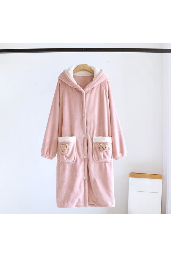 Womens Fleece Robes Long Button up Bathrobe Cute Bear Fall Winter Warm Soft Nightgown with Pockets New Bathrobe for Women Lightweight Soft Pinky M