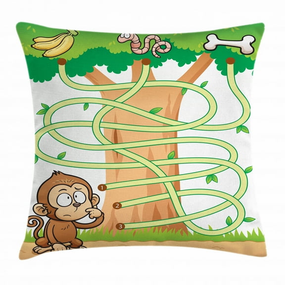 Kid's Activity Throw Pillow Cushion Cover, Curious Monkey Trying to Reach the Banana Maze Design Pathway Funky Forest, Decorative Square Accent Pillow Case, 18 X 18 Inches, Multicolor, by Ambesonne