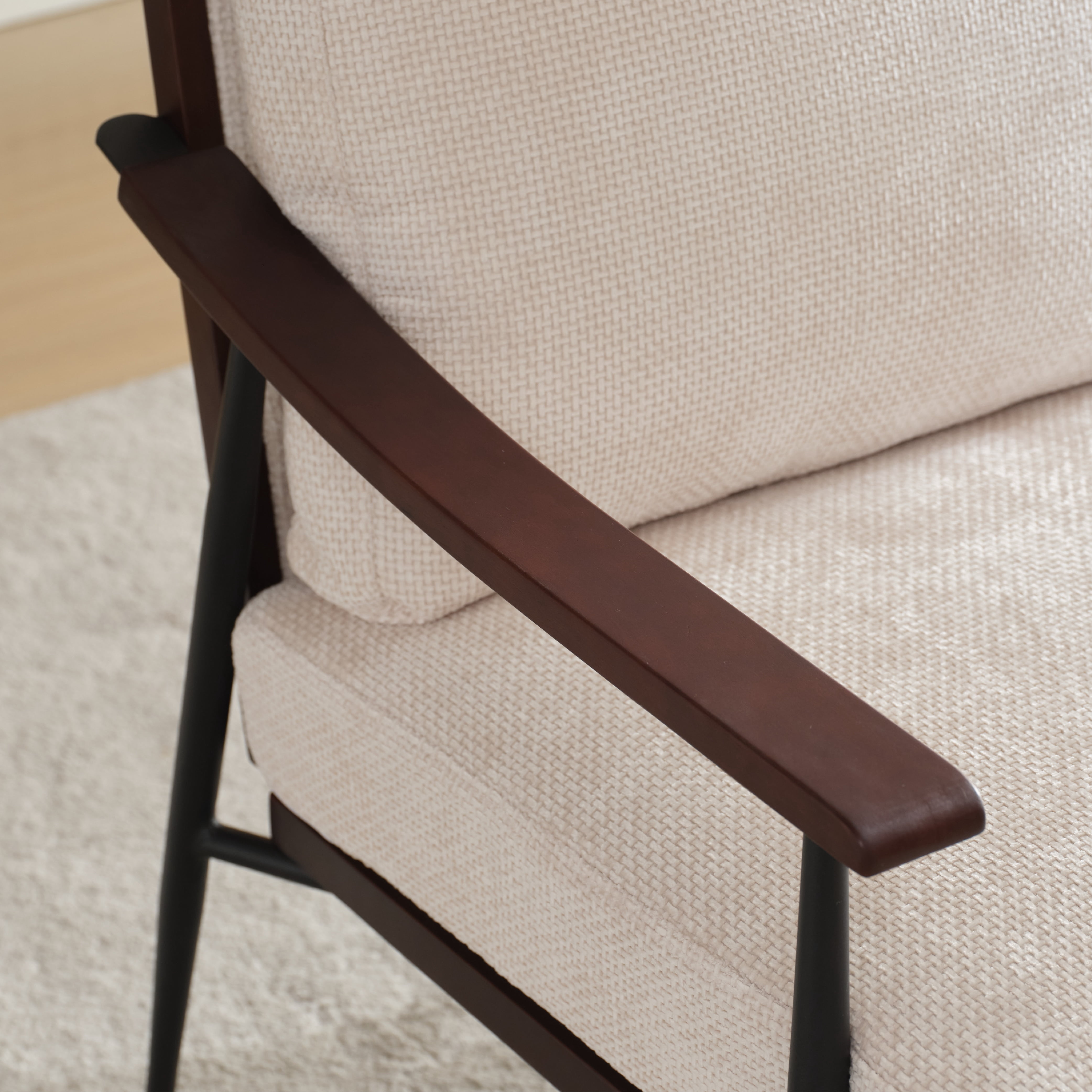 MAYEERTY Modern Accent Chair, Linen Fabric Arm Chair with Wood Armrests, White