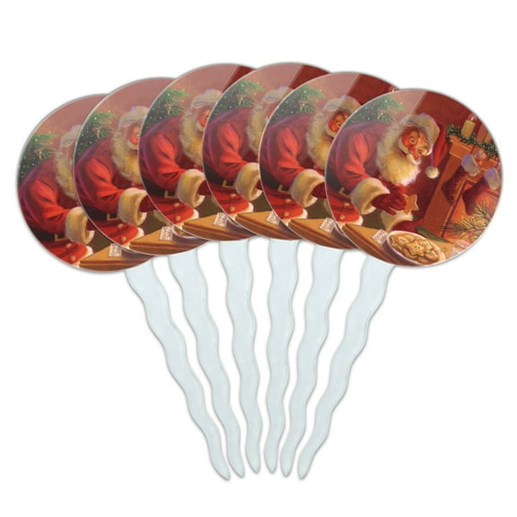 Christmas Holiday Santa Milk and Cookies Cupcake Picks Toppers Decoration Set of 6