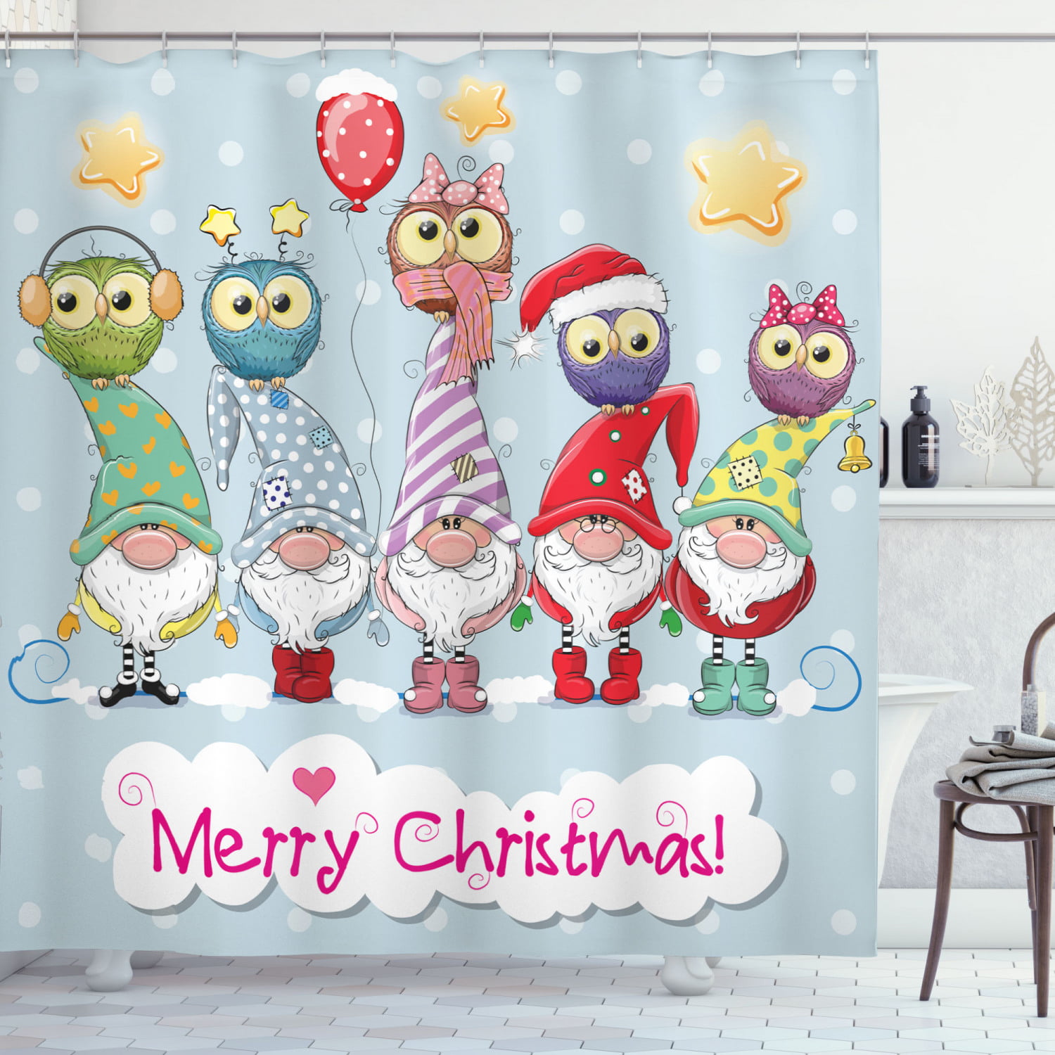 Details about   Christmas Shower Curtain Santa and Yellow Bird Print for Bathroom 