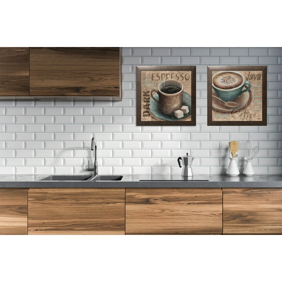 Gango Home Decor Classic Coffee Cup Kitchen Wall Art; Two Beige 12x12in Art Prints in Brown Frames