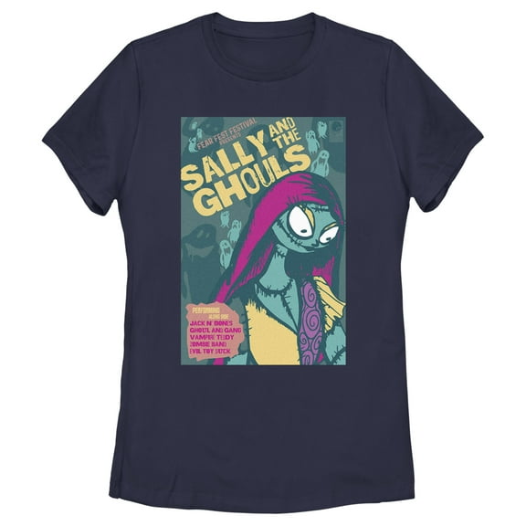 Women's The Nightmare Before Christmas Sally and the Ghouls Festival Poster  Graphic Tee Navy Blue X Large