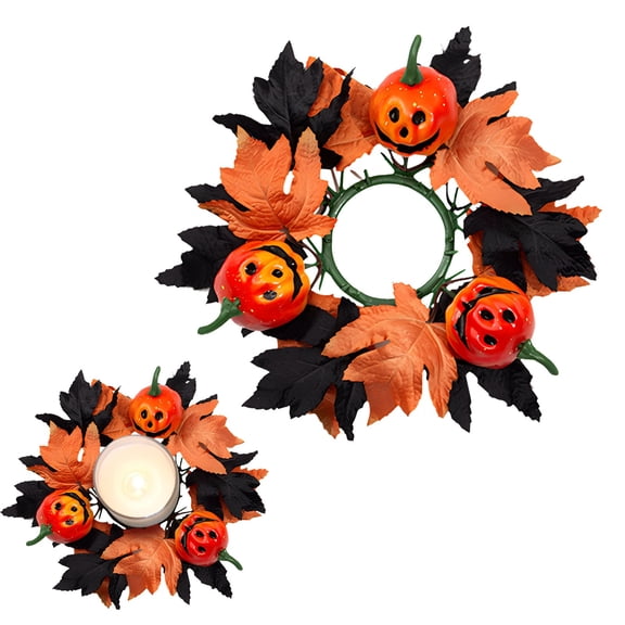 Halloween Candle Rings Wreaths Artificial Maple Pumpkin Black Garlan for Halloween Table Decor