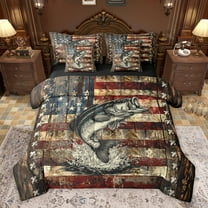 Feelyou Wildlife Bass Fish Bedding Comforter Set 7 Pieces for Teens, US Flag Print Wooden Plank Full Bedding Set, Rustic Farmhouse Reversible Fitted Sheet Flat Sheet, Lightweight Room Decor