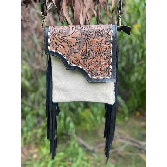 Western Genuine Leather Cowhide Fringe Women's Hair-On Crossbody Bag | Leather Hand Bag With Adjustable Strap (Black)