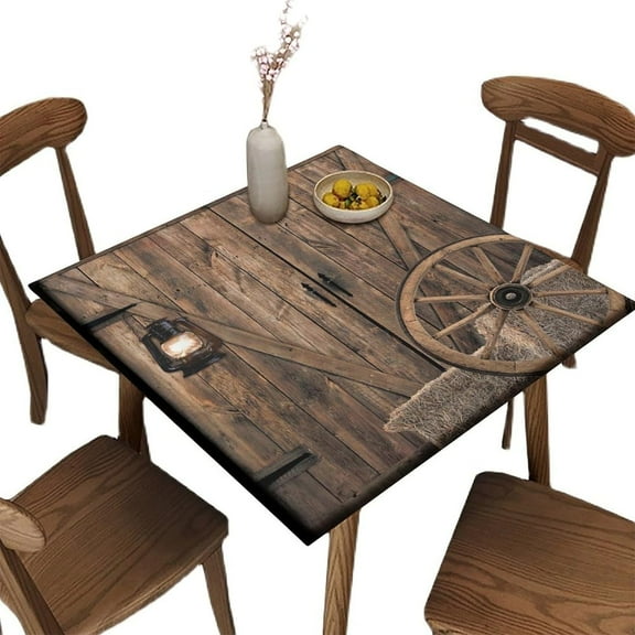 Elastic Edge Fitted Square Tablecloth, Rustic Barn Door Polyester Table Cloth, for Indoor Outdoor Kitchen Home Party Dinner Patio, Fit for 34" x 34"Square Table