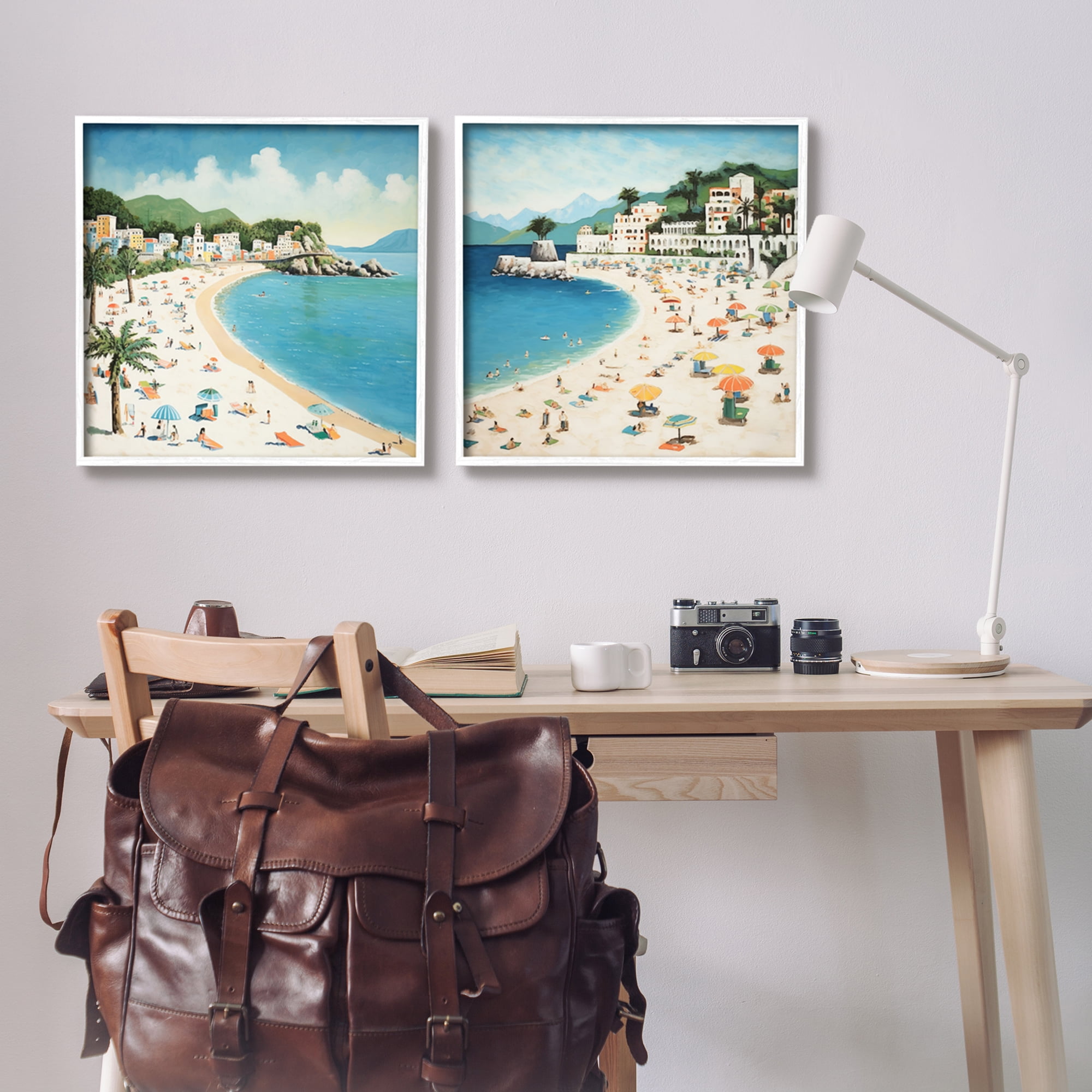 Stupell Industries Beach Goers on Curved Shore Landscape Painting White Framed Art Print Wall Art, 24 x 24, Set of 2