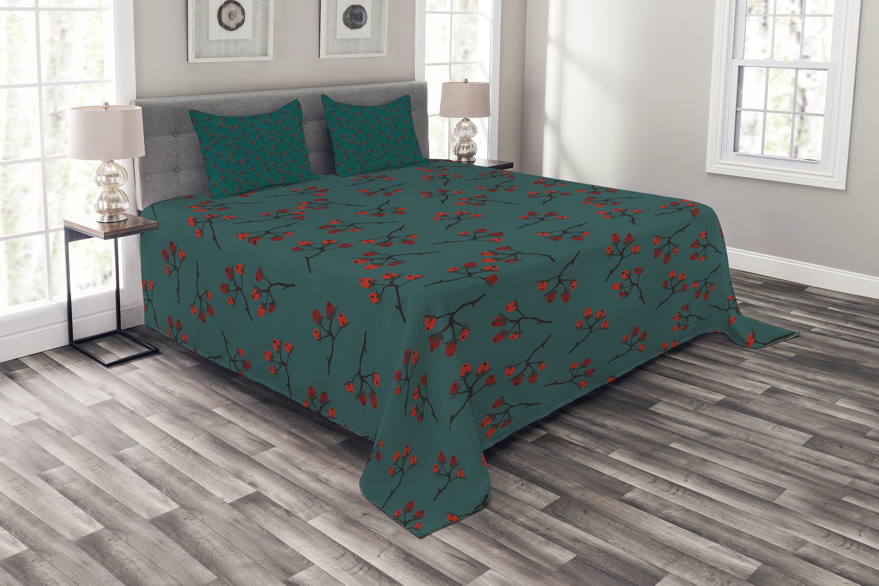Teal Bedspread Set King Size, Whimsical Modern Style Berry Christmas