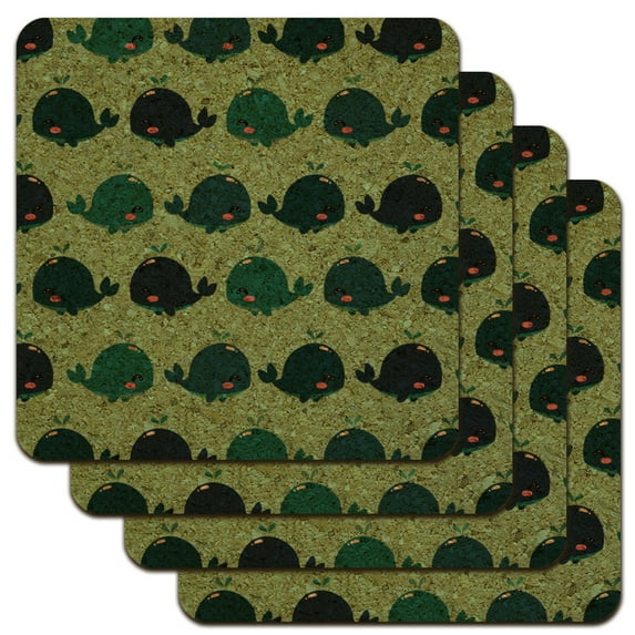 Cute Kawaii Whales Pattern Low Profile Novelty Cork Coaster Set