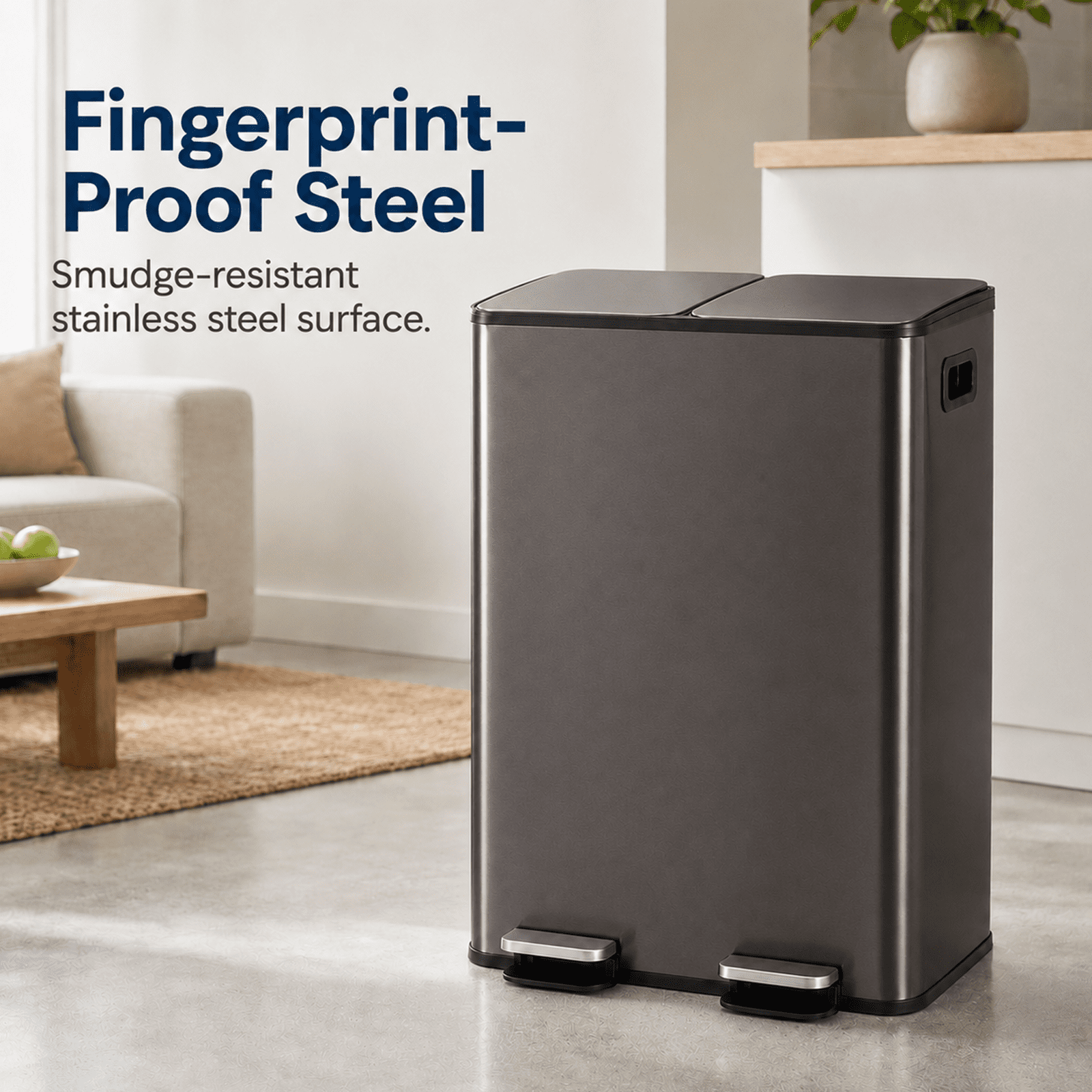 Alvantor Dual Bin Trash Can, 2 x 8 Gallon (2 x 30 L) Garbage Can for Kitchen, Soft-Close Lid and Removable Inner Buckets, Odor Control, Fingerprint-Resistant, Stainless Steel